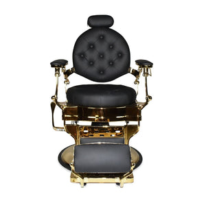 Poltrona da barbiere Ultron reclinabile in ecopelle nera e struttura in metallo oro lucido