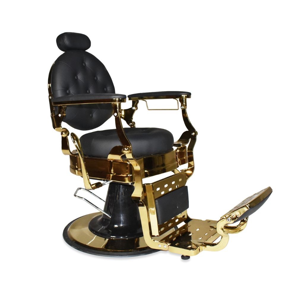 Poltrona da barbiere Ultron reclinabile in ecopelle nera e struttura in metallo oro lucido