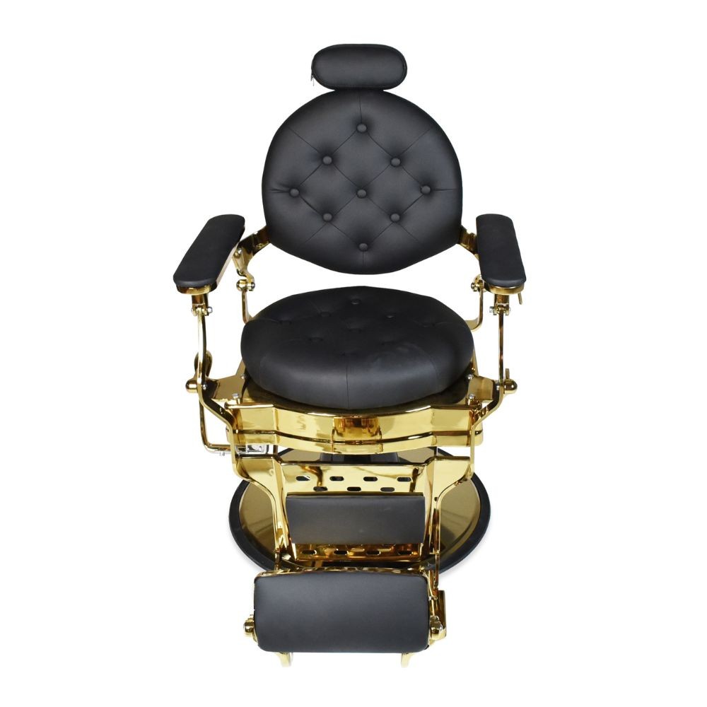 Poltrona da barbiere Ultron reclinabile in ecopelle nera e struttura in metallo oro lucido