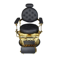 Poltrona da barbiere Ultron reclinabile in ecopelle nera e struttura in metallo oro lucido