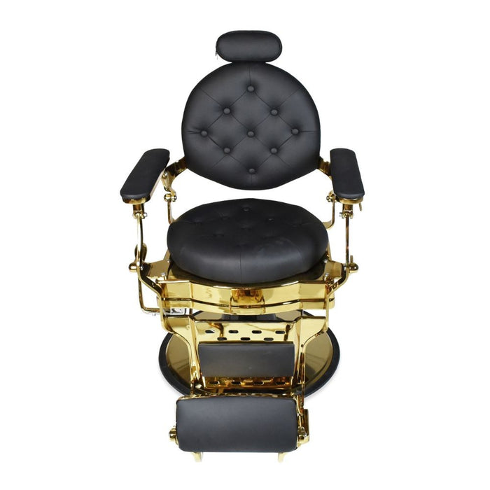 Poltrona da barbiere Ultron reclinabile in ecopelle nera e struttura in metallo oro lucido