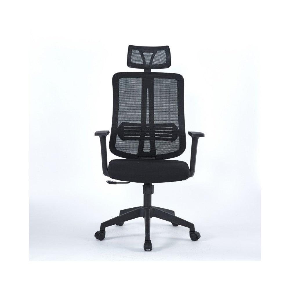 Poltrona operativa per ufficio nera con base nera e poggiatesta Satia