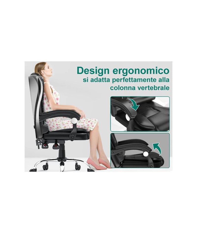 Poltrona/Sedia Ufficio Ergonomica Presidenziale Reclinabile e Direzionabile con Braccioli Imbottiti e Altezza Regolabile,con rotelle – Nera HLD-809
