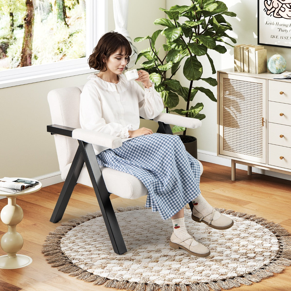 Poltrona imbottita moderna di met¨¤ secolo per soggiorno camera da letto-Poltrona comoda per lettura con struttura Beige