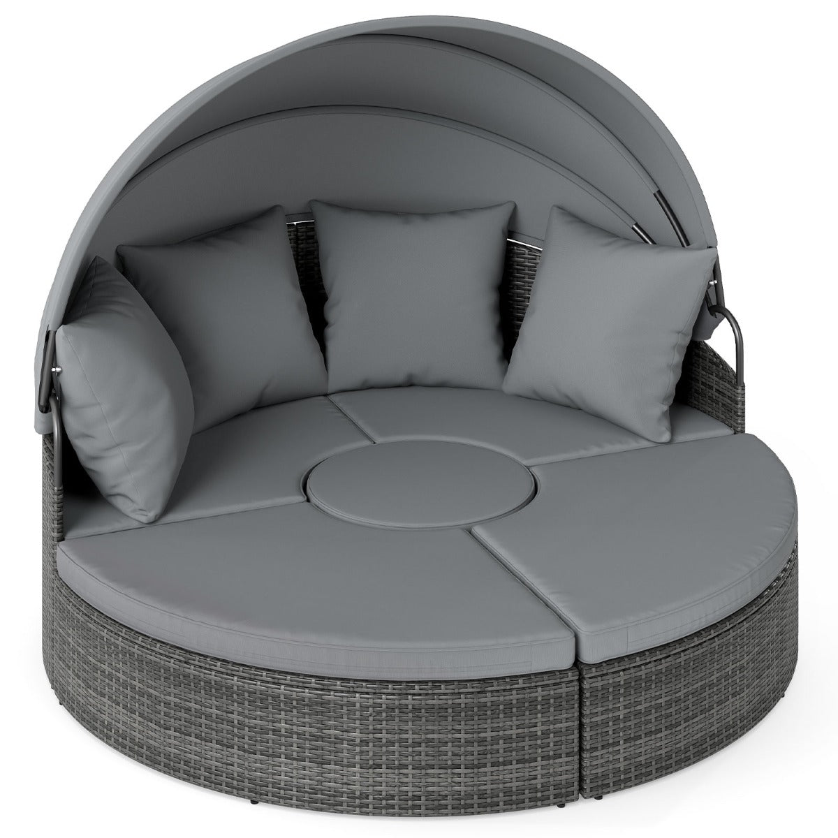 Poltrona letto rotonda per esterni con tettuccio retrattile e cuscini, Lettino da esterno per piscina e cortile Grigio-Set mobili da esterno