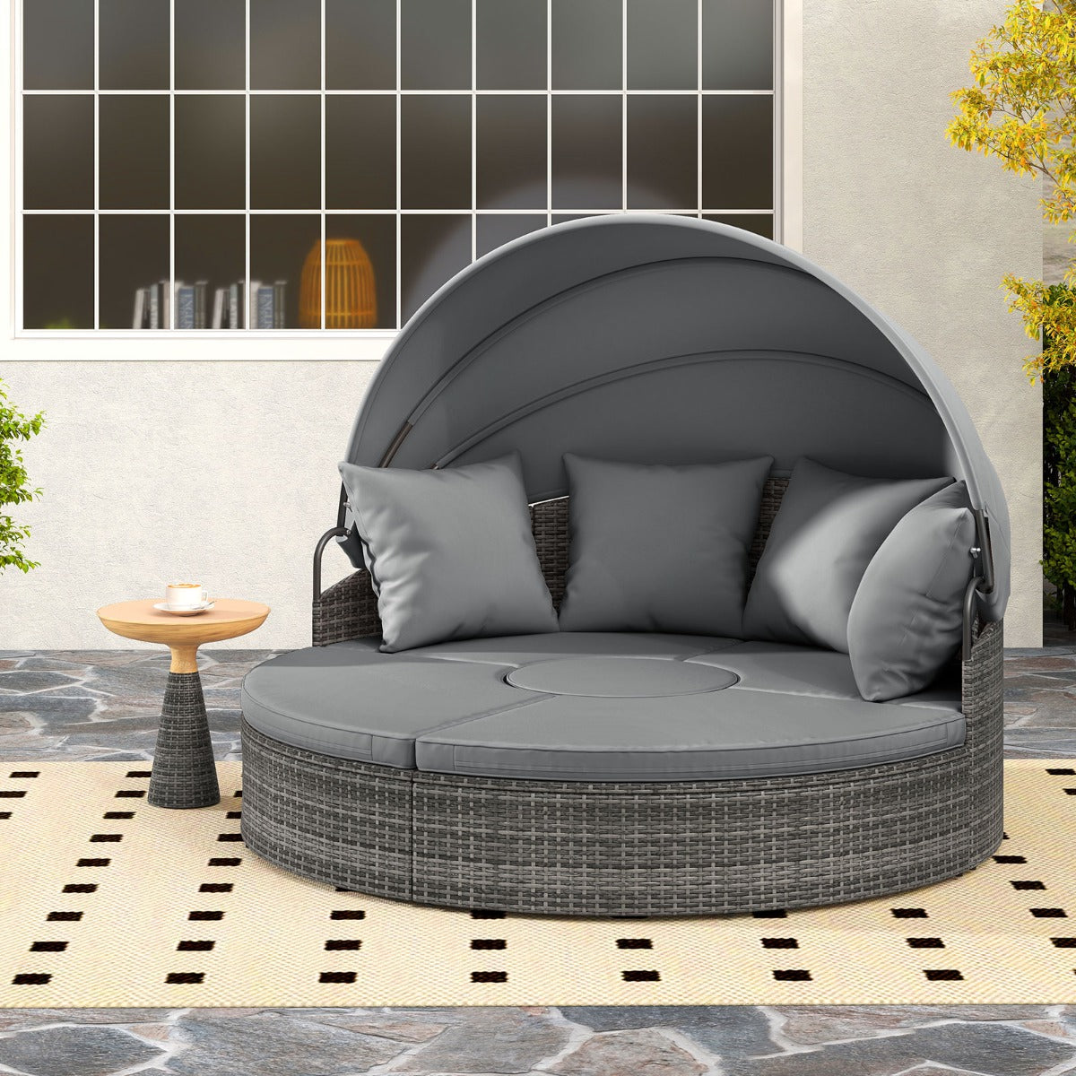 Poltrona letto rotonda per esterni con tettuccio retrattile e cuscini, Lettino da esterno per piscina e cortile Grigio-Set mobili da esterno