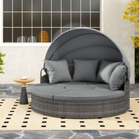 Poltrona letto rotonda per esterni con tettuccio retrattile e cuscini, Lettino da esterno per piscina e cortile Grigio-Set mobili da esterno