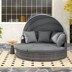 Poltrona letto rotonda per esterni con tettuccio retrattile e cuscini, Lettino da esterno per piscina e cortile Grigio-Set mobili da esterno