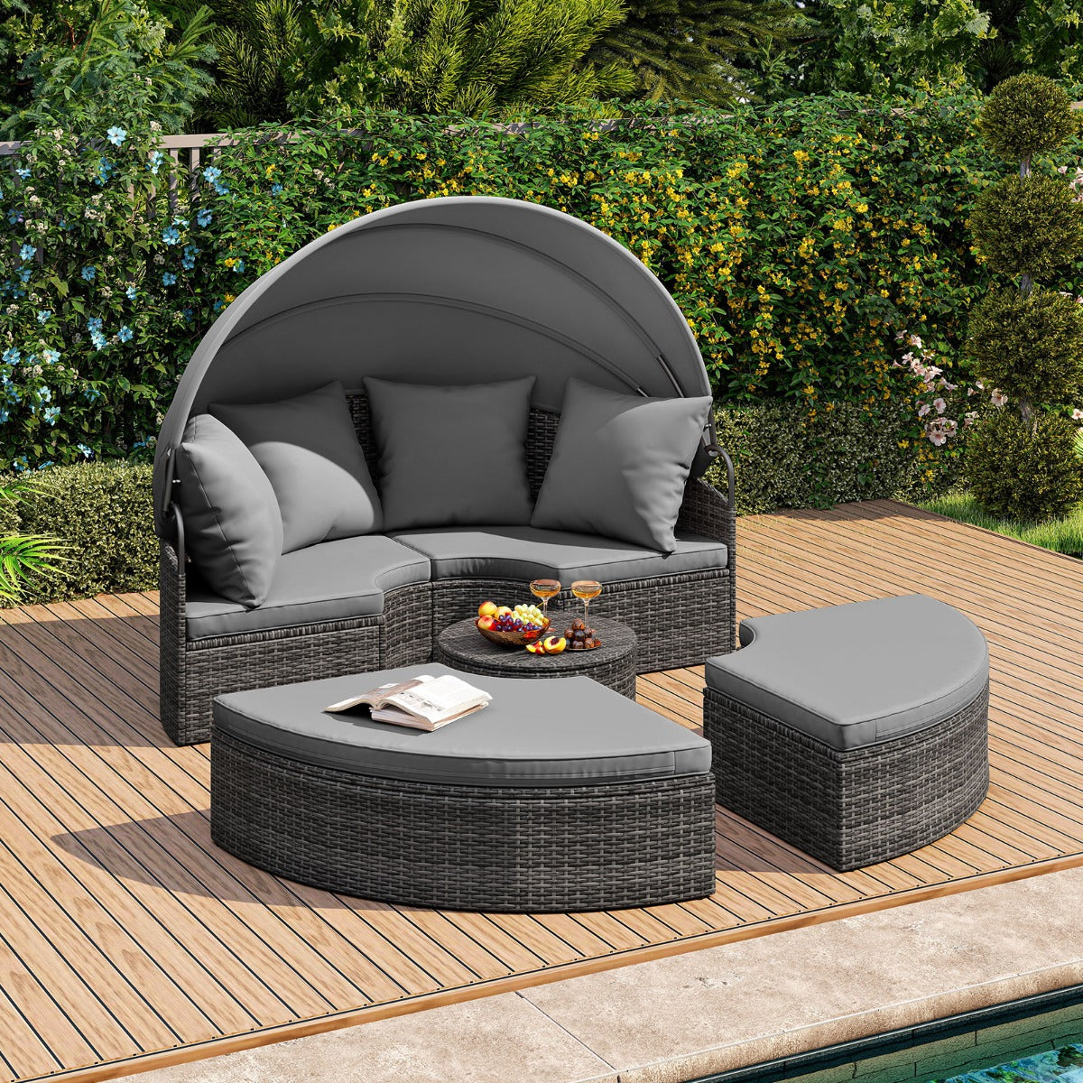 Poltrona letto rotonda per esterni con tettuccio retrattile e cuscini, Lettino da esterno per piscina e cortile Grigio-Set mobili da esterno