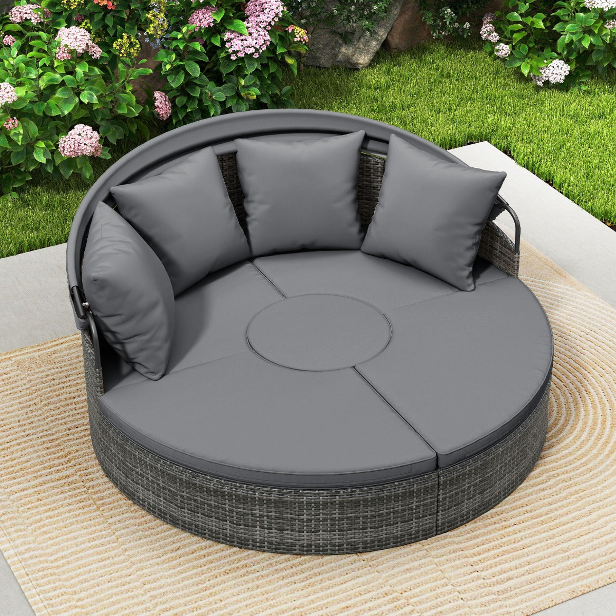 Poltrona letto rotonda per esterni con tettuccio retrattile e cuscini, Lettino da esterno per piscina e cortile Grigio-Set mobili da esterno