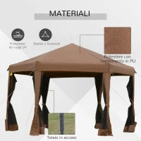 Gazebo da Giardino Pieghevole ed Esagonale con Zanzariera, in Acciaio e Poliestere, 3.2x3.2x2.7 m, Marrone