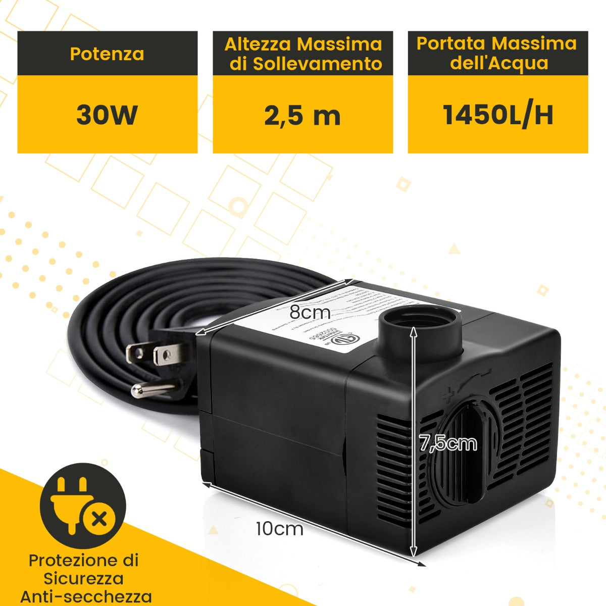 Pompa sommergibile da 1450 L/H, Pompa per fontane con sollevamento di 2,5 metri e 3 ugelli per acquari Nero-Altri animali