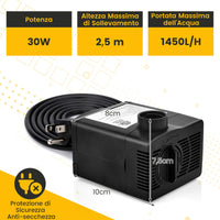 Pompa sommergibile da 1450 L/H, Pompa per fontane con sollevamento di 2,5 metri e 3 ugelli per acquari Nero-Altri animali