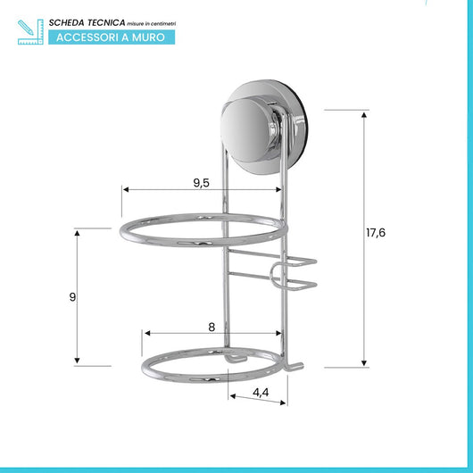 Porta asciugacapelli a muro in acciaio cromato con ventosa Dinamik