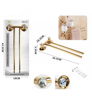 Porta Asciugamani 2 Aste Supporto Per Bagno Da Muro Casa Dorato Oro Dgo-110         