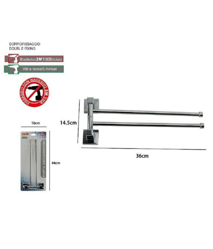 Porta Asciugamani 2 Bracci A Parete Bagno Acciaio Cromato Square 36x14.5cm 59196         