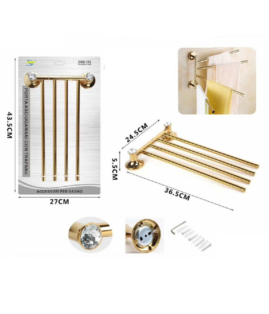 Porta Asciugamani 4 Aste Supporto Per Bagno Da Muro Casa Dorato Oro Dgo-112         