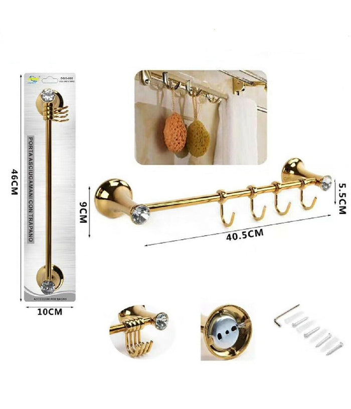 Porta Asciugamani 4 Ganci Supporto Arredo Bagno Casa Cucina Dorato Oro Dgo-098         