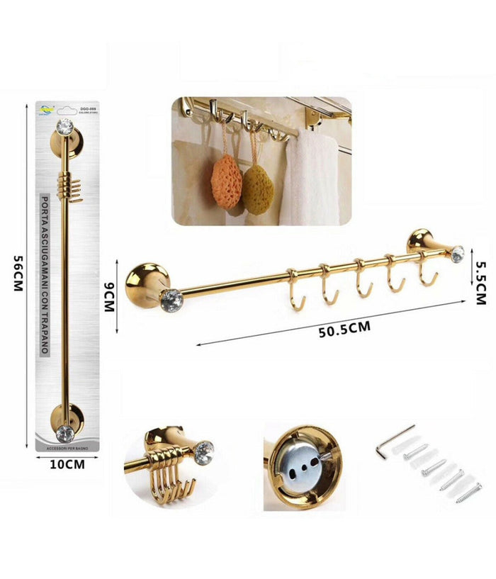 Porta Asciugamani 5 Ganci Supporto Arredo Bagno Casa Cucina Dorato Oro Dgo-099         