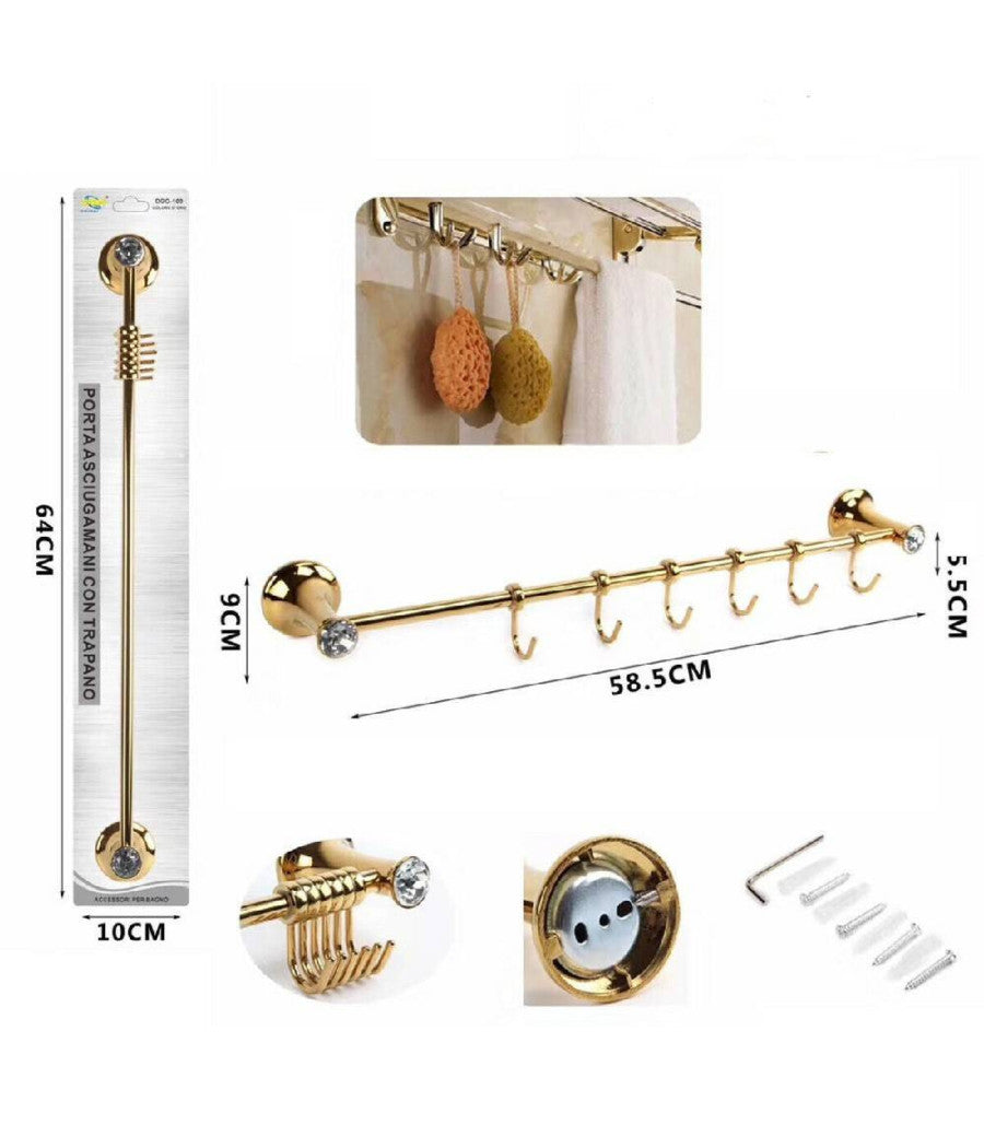 Porta Asciugamani 6 Ganci Supporto Arredo Bagno Casa Cucina Dorato Oro Dgo-100         
