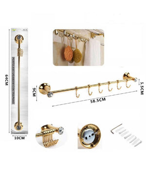 Porta Asciugamani 6 Ganci Supporto Arredo Bagno Casa Cucina Dorato Oro Dgo-100         