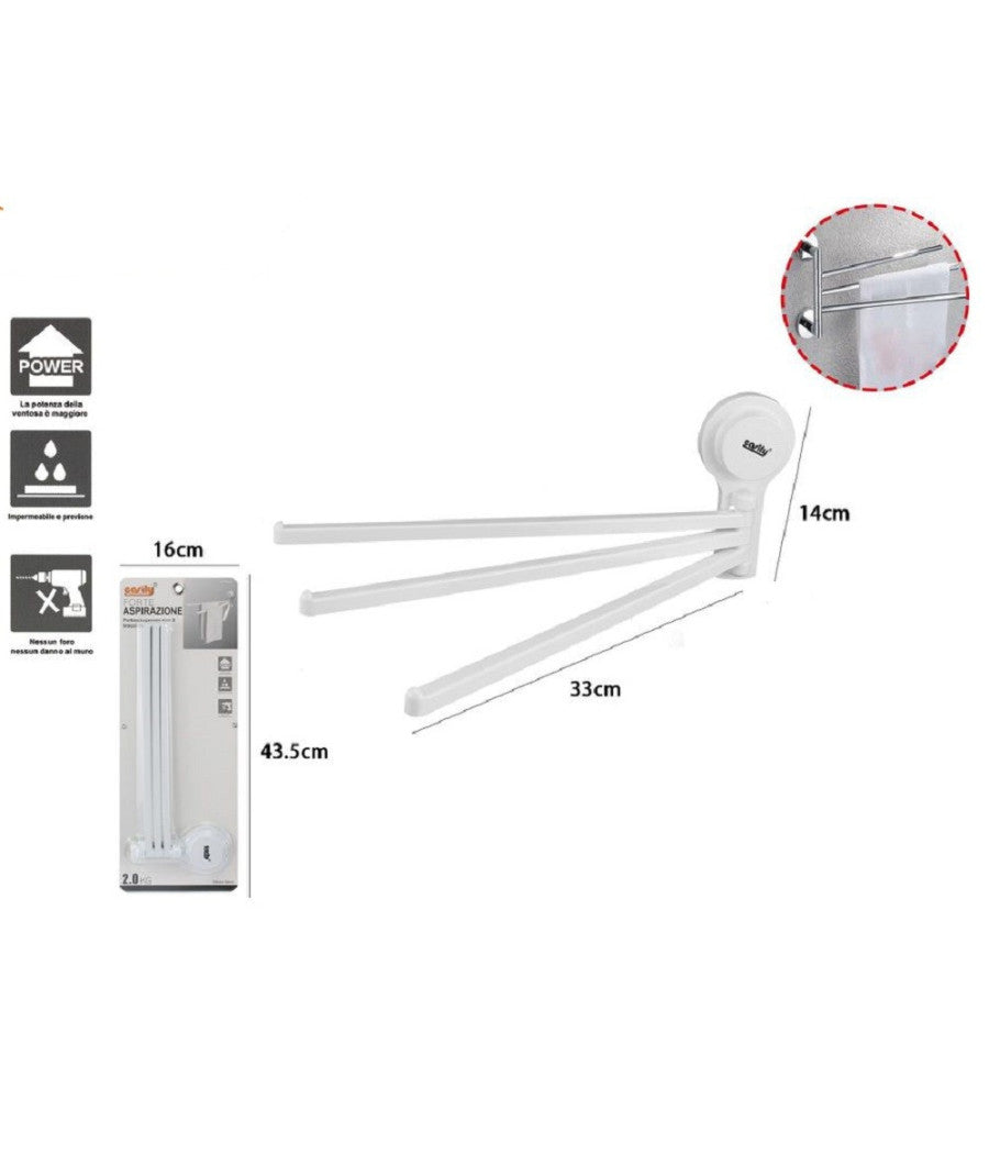 Trade Shop - Porta Asciugamani Asciugamano A Parete 3 Bracci Con Attacco A Ventosa Per Bagno -