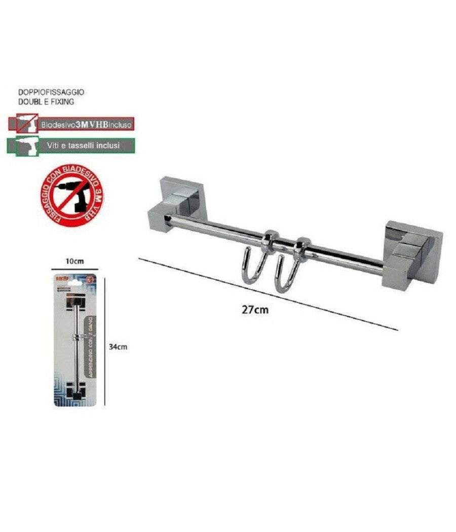 Porta Asciugamani Con 2 Ganci Appendini Fissaggio A Parete Bagno Square 59194         