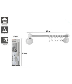 Porta Asciugamani Con 6 Ganci Appendini Fissaggio Parete Ventosa Bagno 42cm 59550         