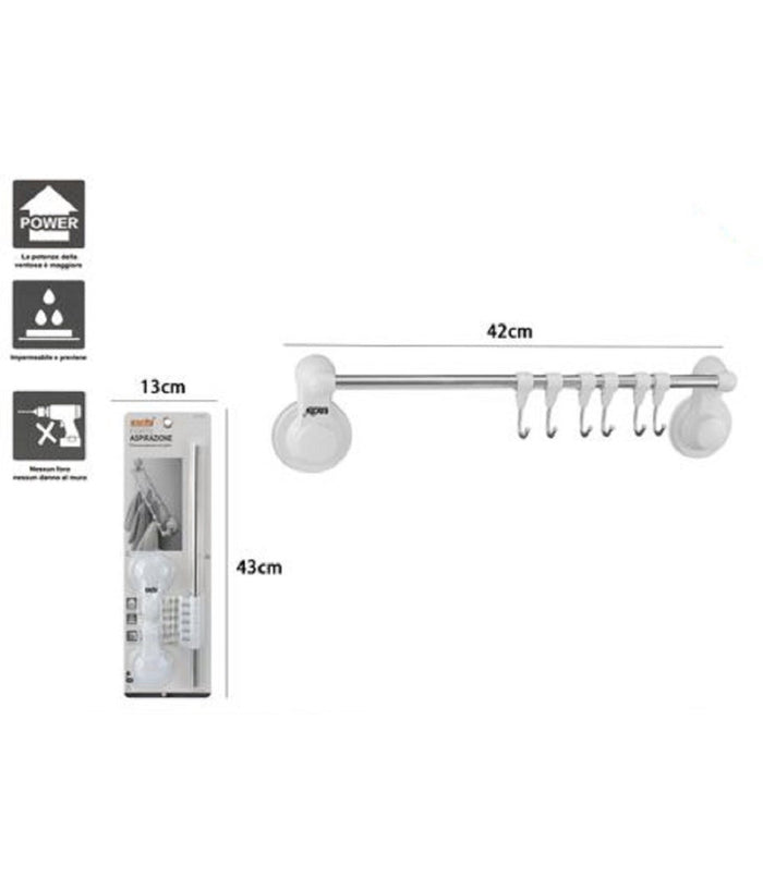Porta Asciugamani Con 6 Ganci Appendini Fissaggio Parete Ventosa Bagno 42cm 59550         
