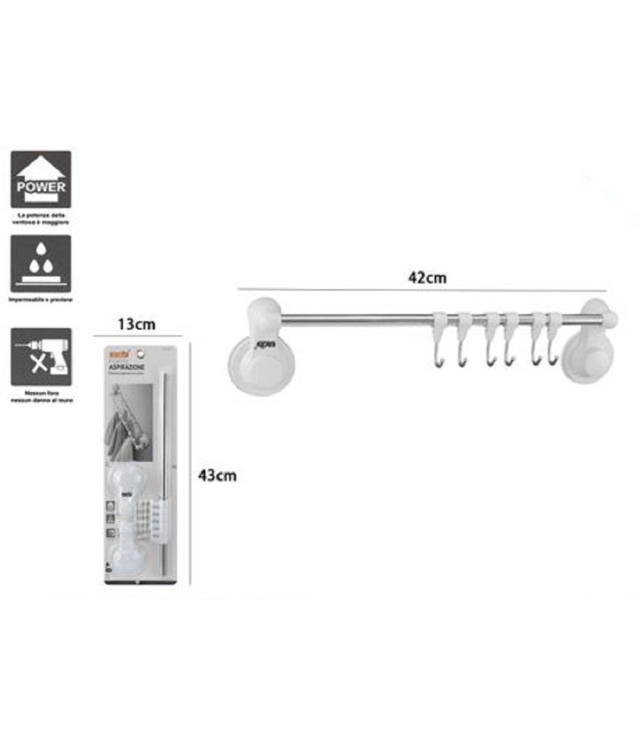 Porta Asciugamani Con 6 Ganci Appendini Fissaggio Parete Ventosa Bagno 42cm 59550         