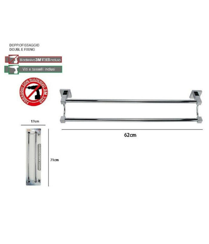 Porta Asciugamani Doppio In Acciaio Bagno Fissaggio A Parete 60cm Square 59192         