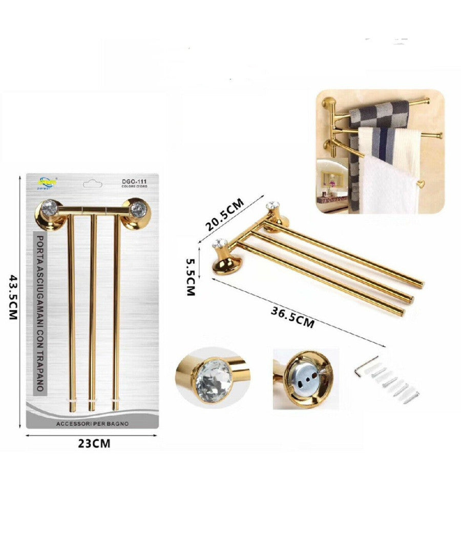 Porta Asciugamani Tre Aste Supporto Per Bagno Da Muro Casa Dorato Oro Dgo-111         