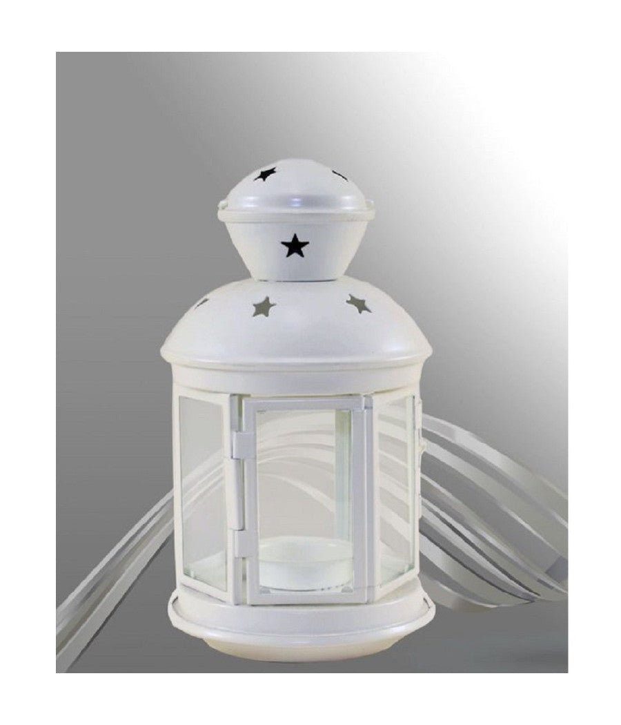 Porta Candela Lumino Lanterna Bianca Metallo Bomboniera Matrimonio Stelle 30667         