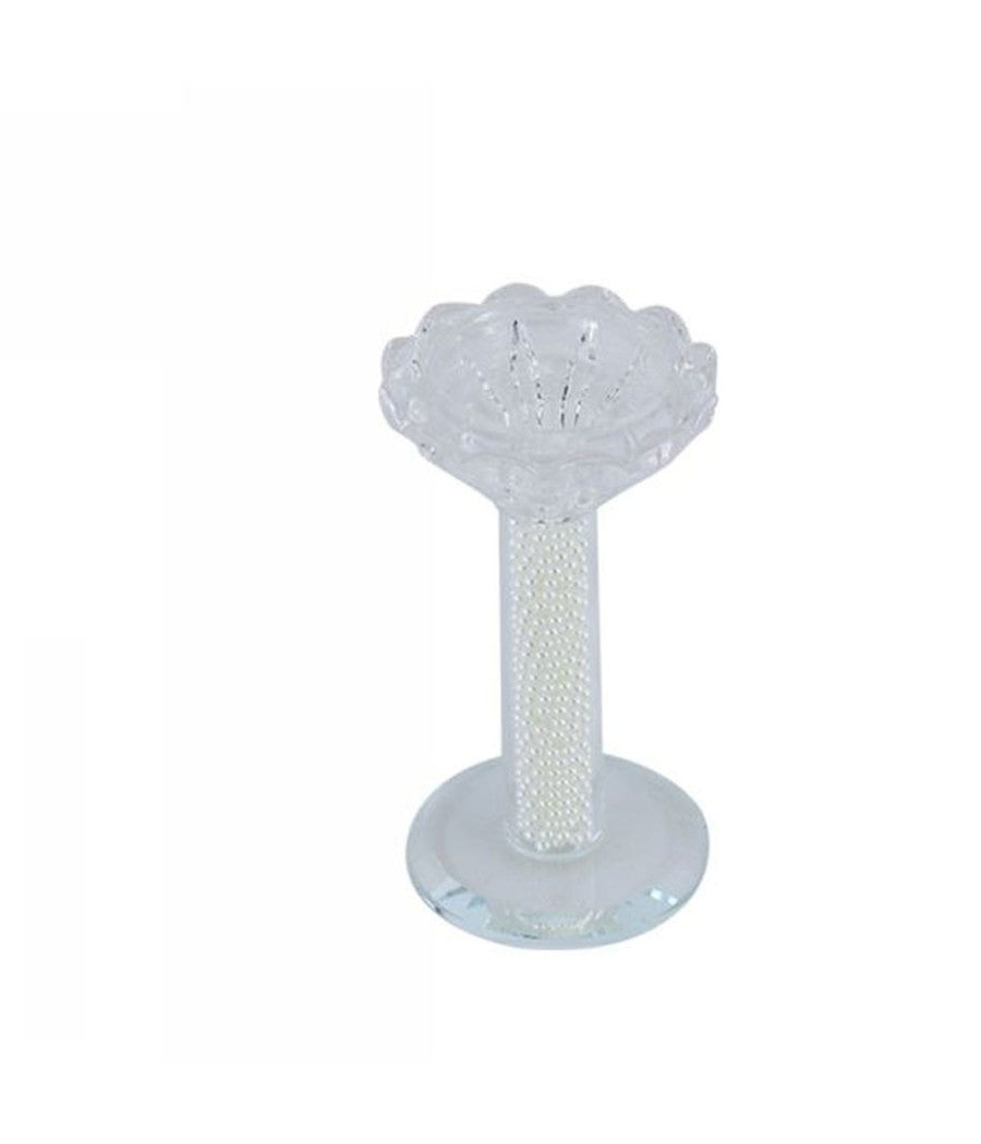 Porta Candela Vetro Perle Candeliere Idea Regalo Bomboniera Cristallo 11x5.8 Cm         