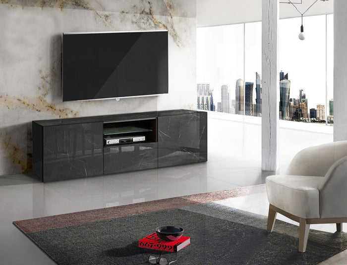 Porta TV moderno, 2 ante 1 cassetto, finitura Marmo Lucido Nero, ZLCPTV2DM