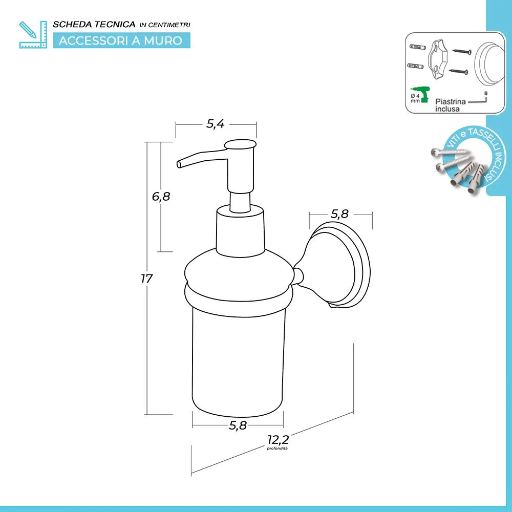 Porta dispenser sapone liquido da muro in acciaio finitura bronzo kit fissaggio incluso Iris