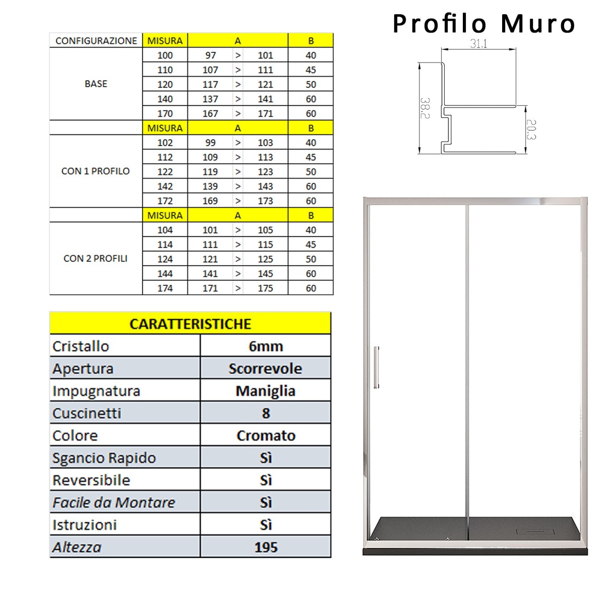 Porta doccia 1 anta scorrevole cromata anticalcare h195 6mm agata, misura 142