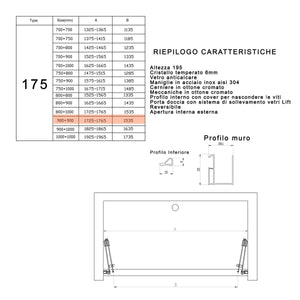 Porta doccia pieghevole ingresso centrale h195cm 6mm rea, misura 175