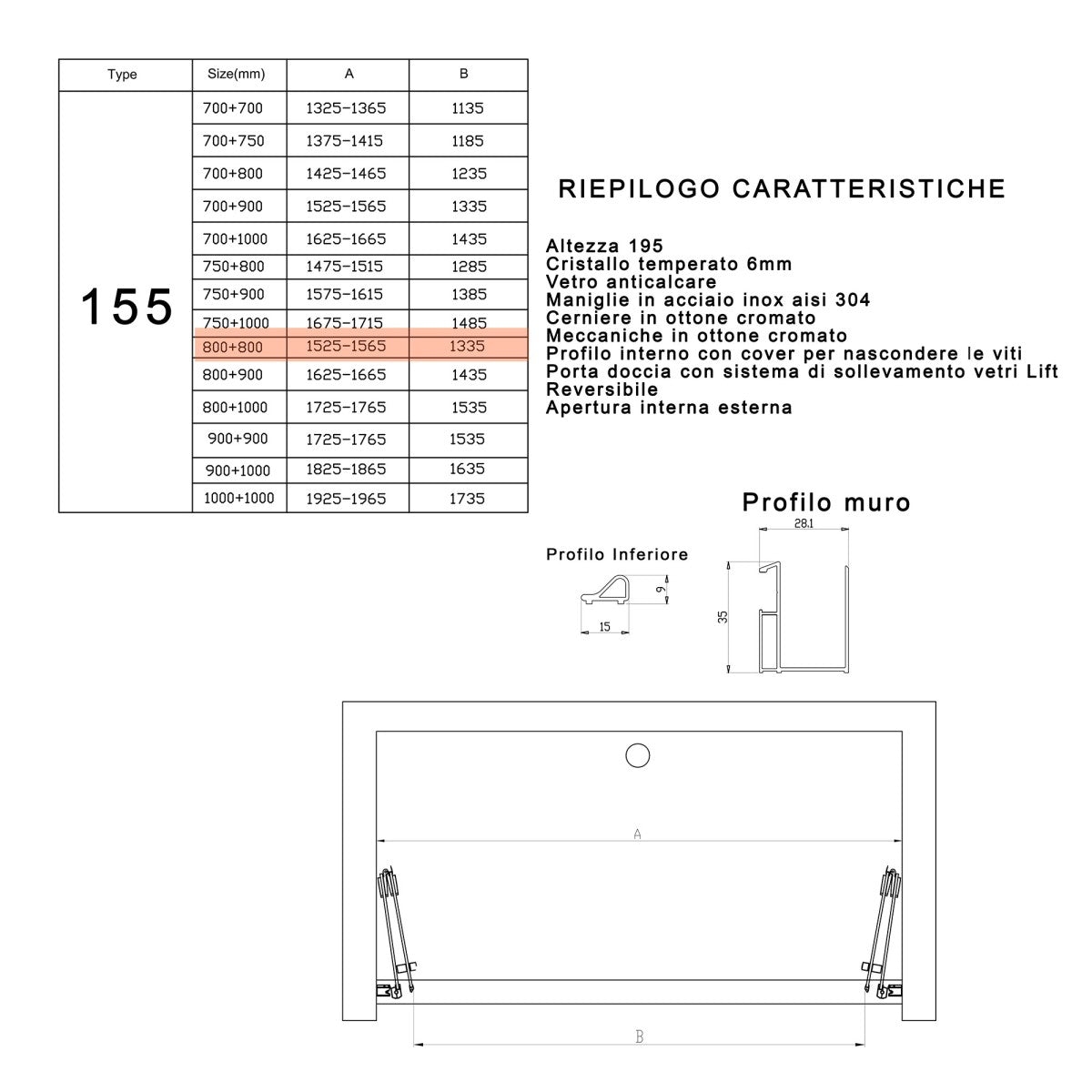 Porta doccia pieghevole ingresso centrale h195cm 6mm rea, misura 155