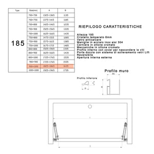 Porta doccia pieghevole ingresso centrale h195cm 6mm rea, misura 185