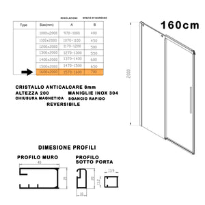 Porta doccia anta scorrevole 8mm h200 trasparente target, misura 160