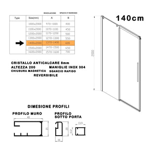 Porta doccia anta scorrevole 8mm h200 trasparente target, misura 140