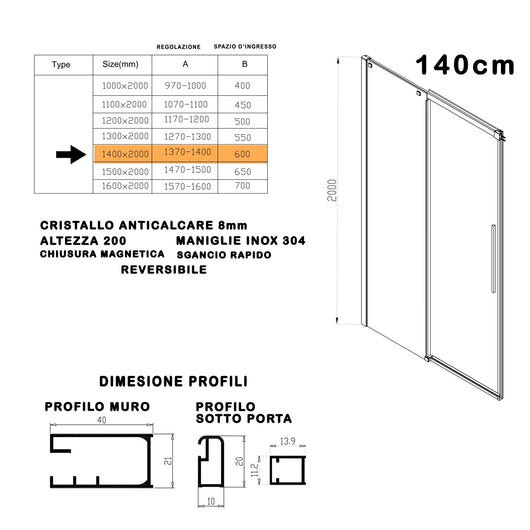 Porta doccia anta scorrevole 8mm h200 trasparente target, misura 140