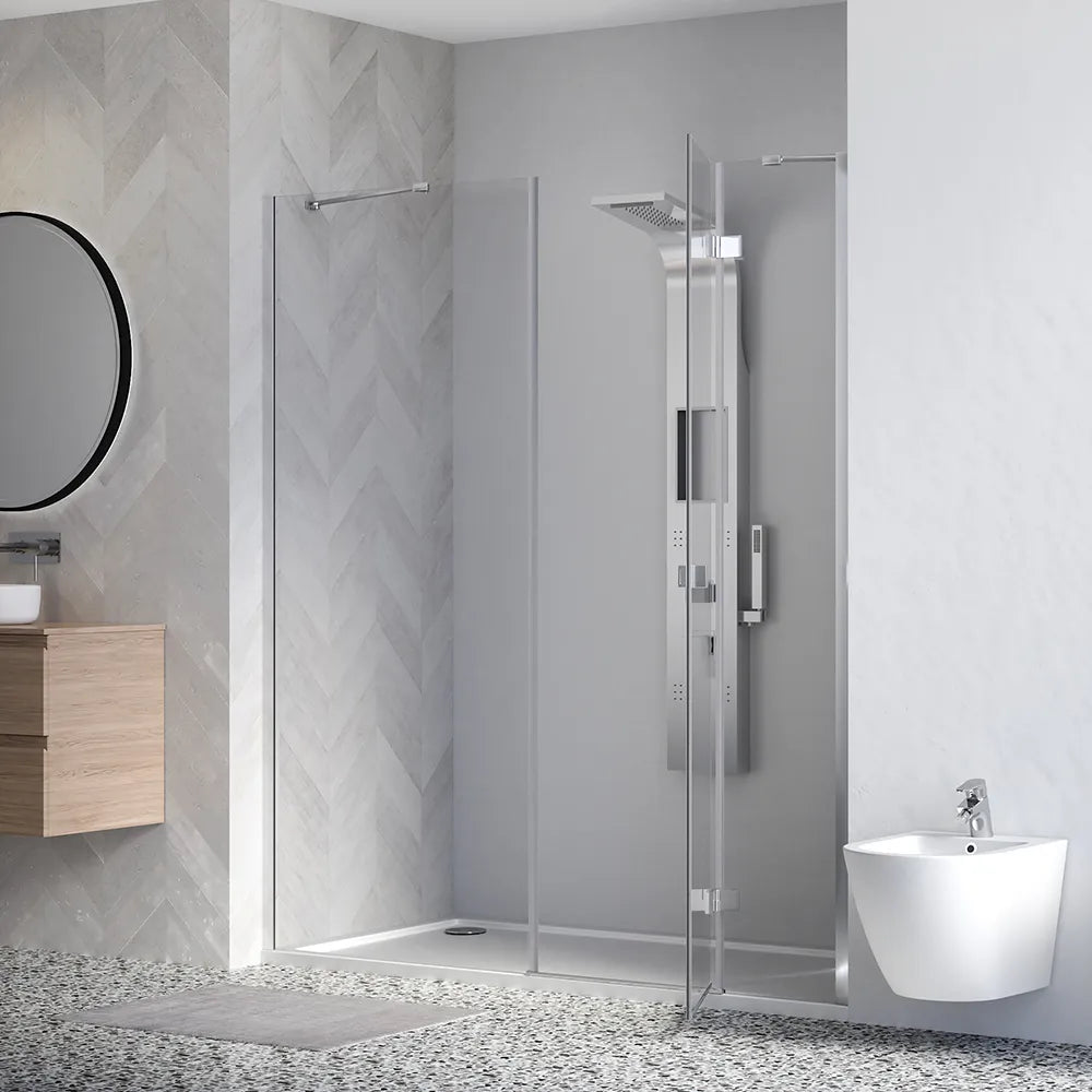 Porta doccia 150cm profili cromati apertura battente a destra con cerniere 80cm e parete fissa da 70cm vetro 8mm trasparente h195 | Fiji