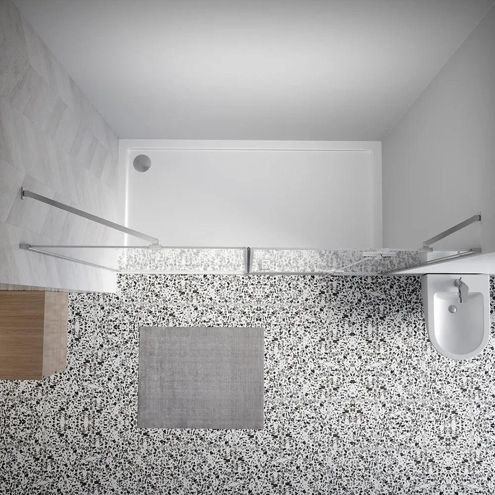 Porta doccia 150cm profili cromati apertura battente a destra con cerniere 80cm e parete fissa da 70cm vetro 8mm trasparente h195 | Fiji