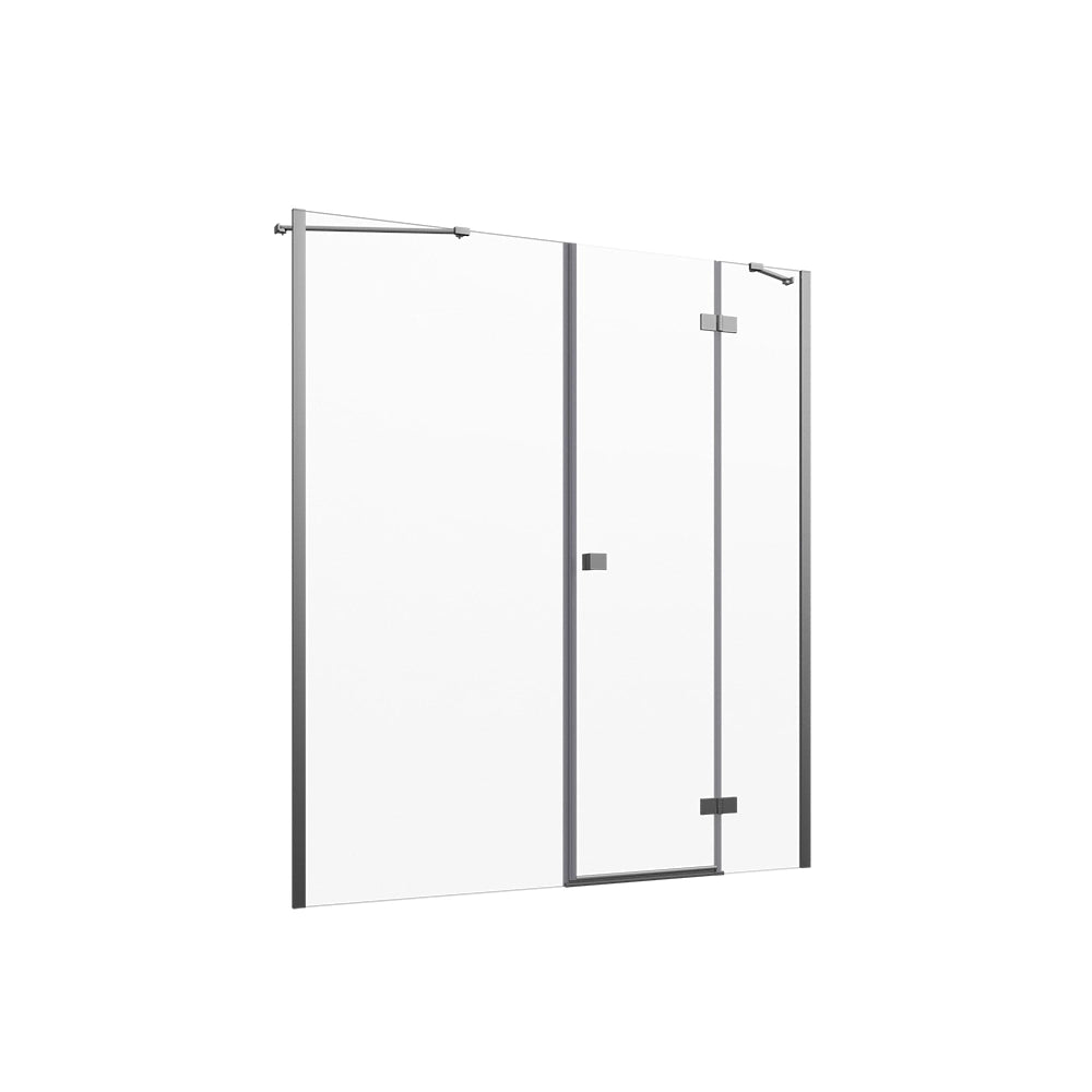 Porta doccia 150cm profili cromati apertura battente a destra con cerniere 80cm e parete fissa da 70cm vetro 8mm trasparente h195 | Fiji