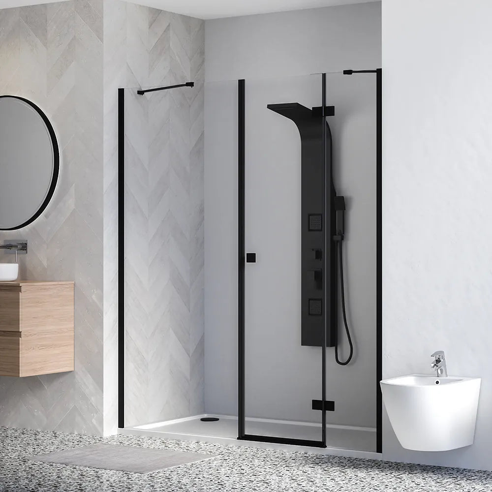 Porta doccia 150cm profili nero opaco apertura battente a destra con cerniere 80cm e parete fissa da 70cm vetro 8mm trasparente h195 | Fiji