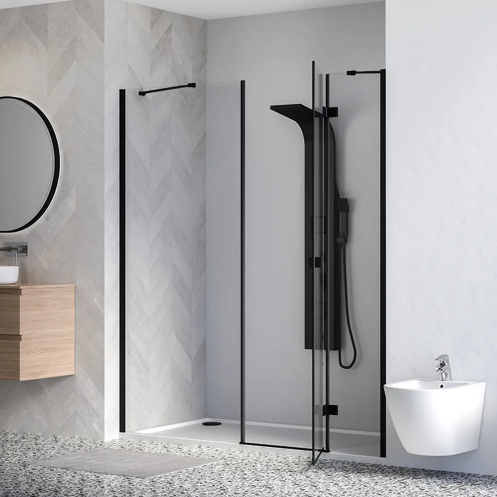 Porta doccia 150cm profili nero opaco apertura battente a destra con cerniere 70cm e parete fissa da 80cm vetro 8mm trasparente h195 | Fiji