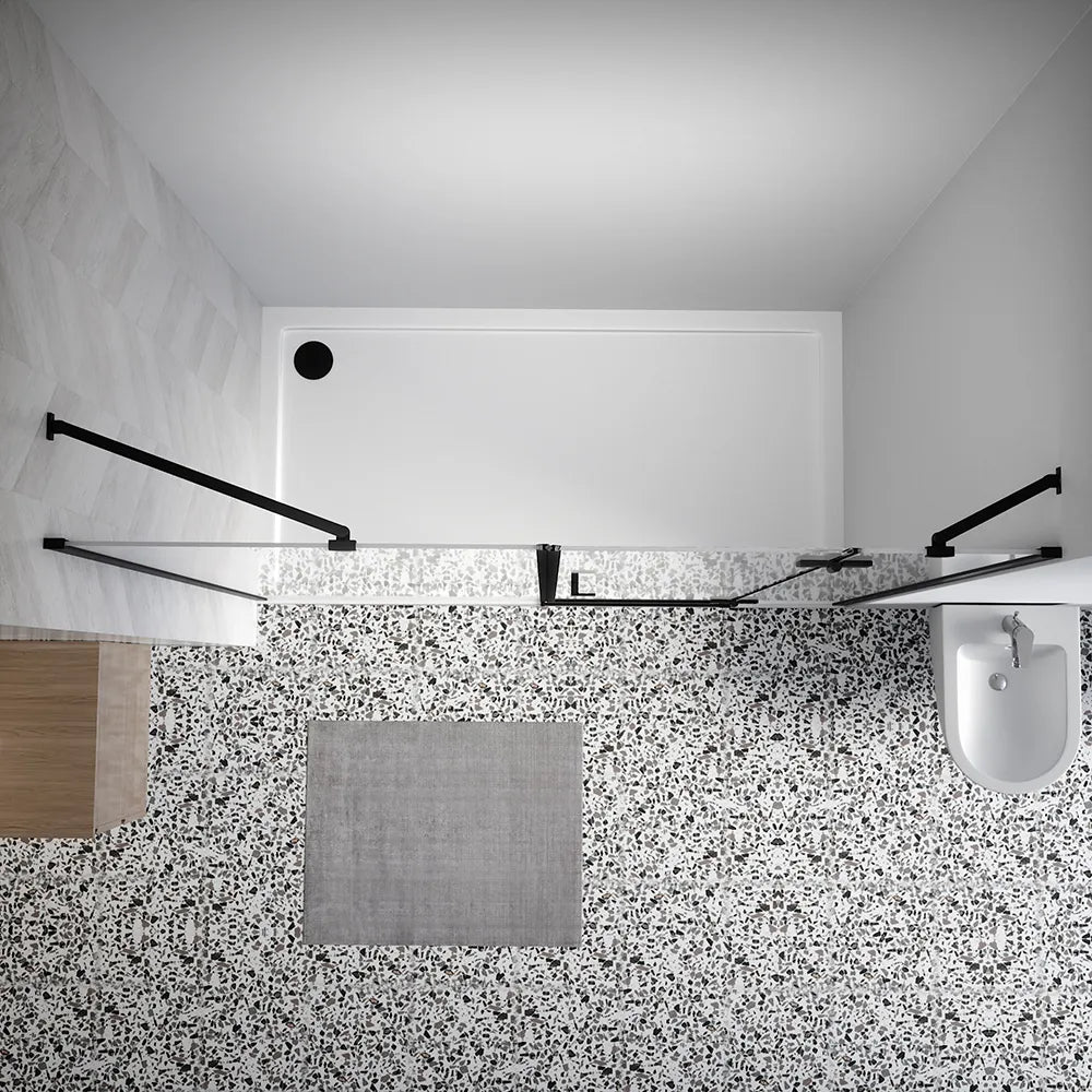 Porta doccia 180cm profili nero opaco apertura battente a destra con cerniere 90cm con parete fissa da 90cm vetro 8mm trasparente h195 | Fiji