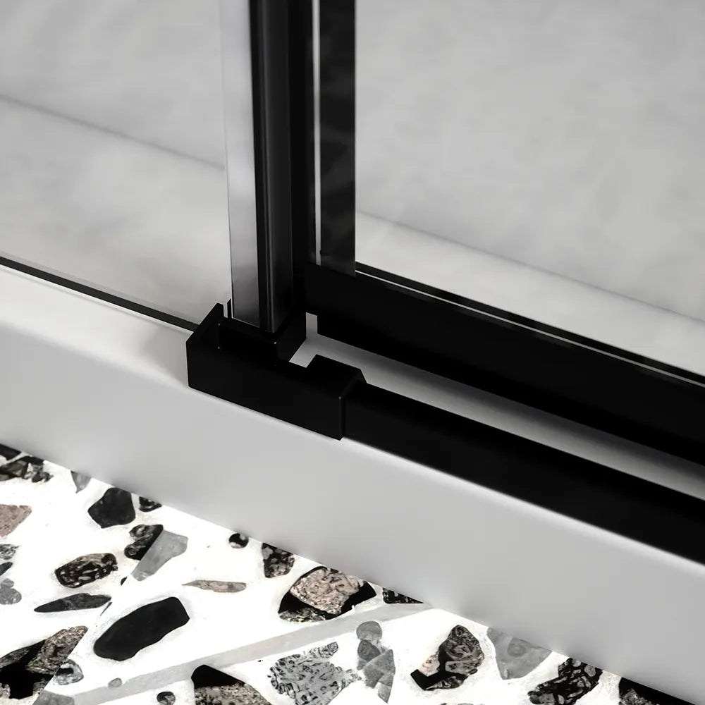 Porta doccia 150cm profili nero opaco apertura battente a destra con cerniere 70cm e parete fissa da 80cm vetro 8mm trasparente h195 | Fiji